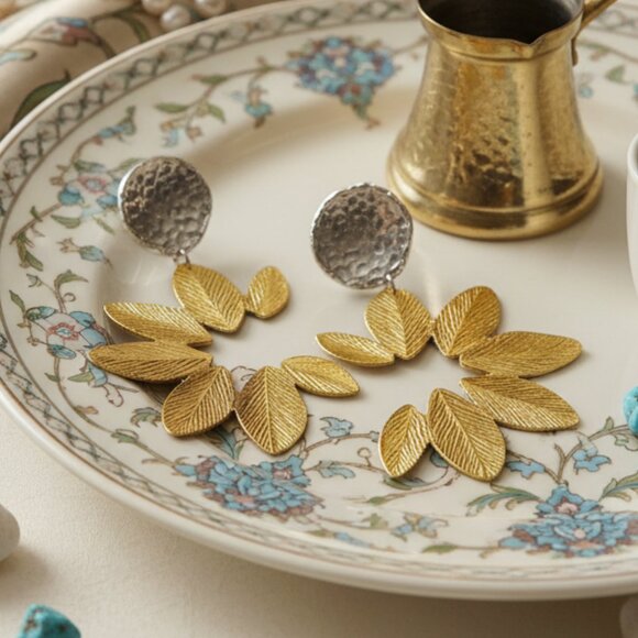 Turkish Stunning Handmade Artisan 18K Gold Plated Brass Fine Leaf Earrings - Picture 9 of 11